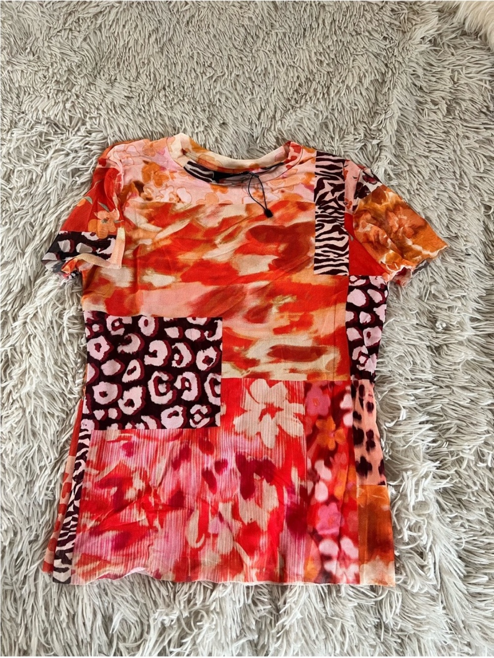 Desigual Red Pink Orange Patchwork Short Sleeve Tee